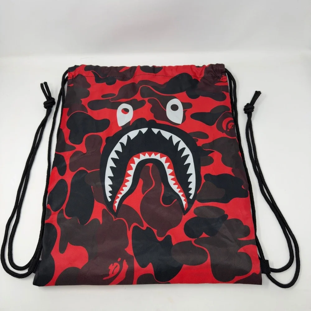 BAPE‎ Shark Drawstring Backpack Red Black Camo Zipper Pocket Streetwear Bag
